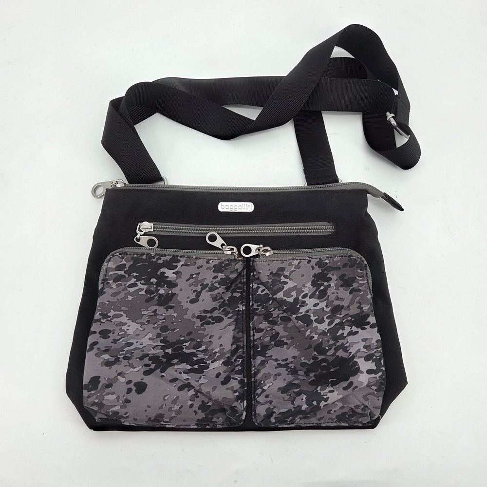 Baggallini Black Nylon Camo Crossbody Bag Multi Pocket Travel Messenger Purse
